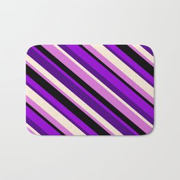 [ Thumbnail: Dark Violet, Indigo, Beige, Orchid, and Black Colored Pattern of Stripes Bath Mat ]