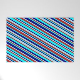 [ Thumbnail: Powder Blue, Red, Aqua, and Blue Colored Lined Pattern Welcome Mat ]