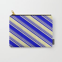 [ Thumbnail: Pale Goldenrod & Blue Colored Stripes Pattern Carry-All Pouch ]