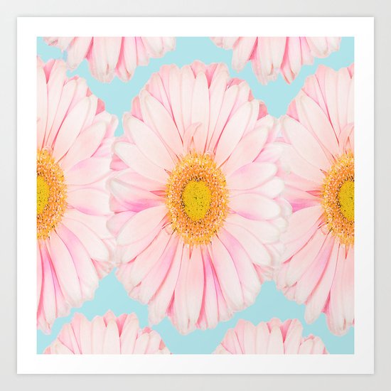 Pink summer flowers on a turquoise background - summer mood Art Print