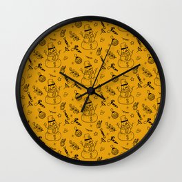 Mustard and Black Christmas Snowman Doodle Pattern Wall Clock