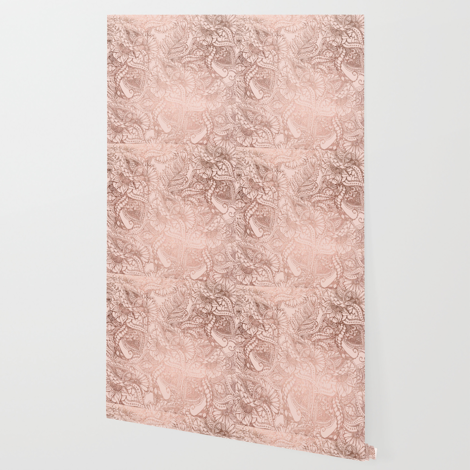 Modern Rose Gold Floral Illustration On Blush Pink Wallpaper By