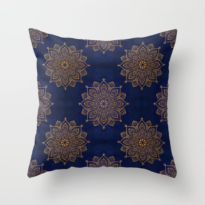 N253 - Indigo Royal Blue Heritage Oriental Moroccan Golden Floral Artwork Throw Pillow