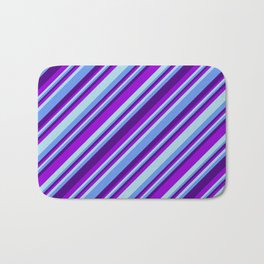 [ Thumbnail: Indigo, Dark Violet, Light Blue & Cornflower Blue Colored Lined Pattern Bath Mat ]