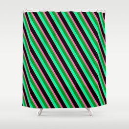 [ Thumbnail: Hot Pink, Forest Green, Green & Black Colored Striped Pattern Shower Curtain ]