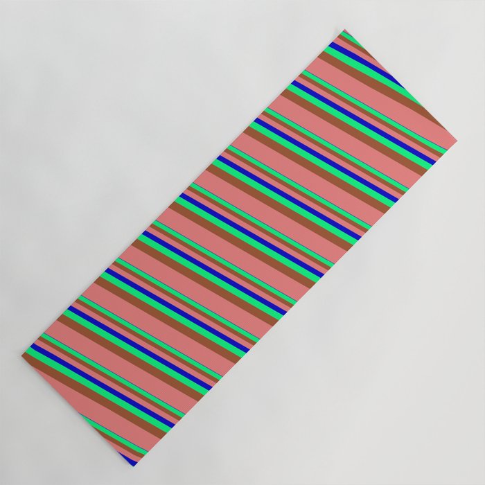 Blue, Green, Sienna & Light Coral Colored Striped/Lined Pattern Yoga Mat