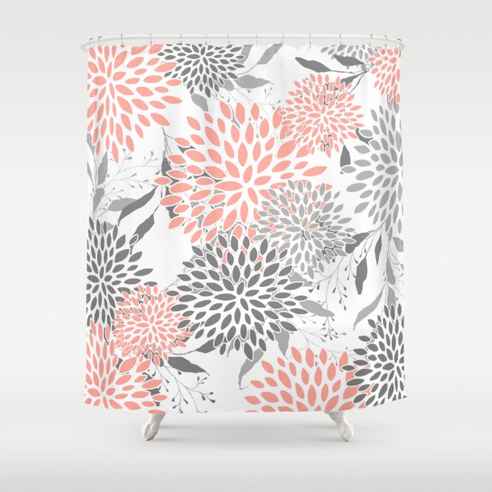 Festive, Floral Prints, Leaves and Blooms, Coral and Gray Shower Curtain
