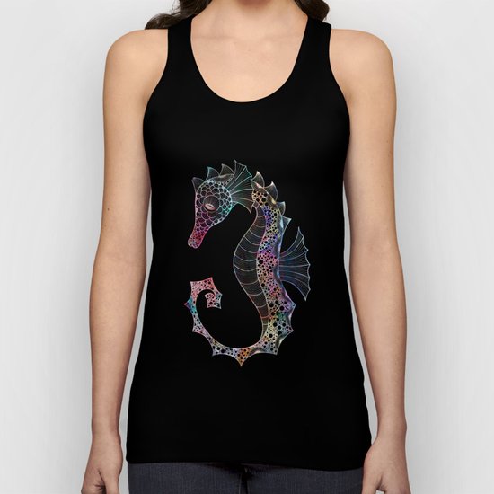 Drawn Seahorse on Black Unisex Tank Top