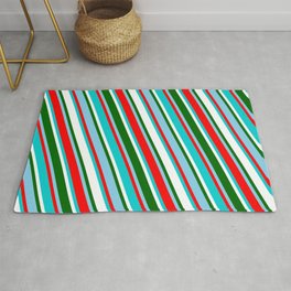 [ Thumbnail: Sky Blue, Red, Dark Turquoise, White, and Dark Green Colored Striped Pattern Rug ]