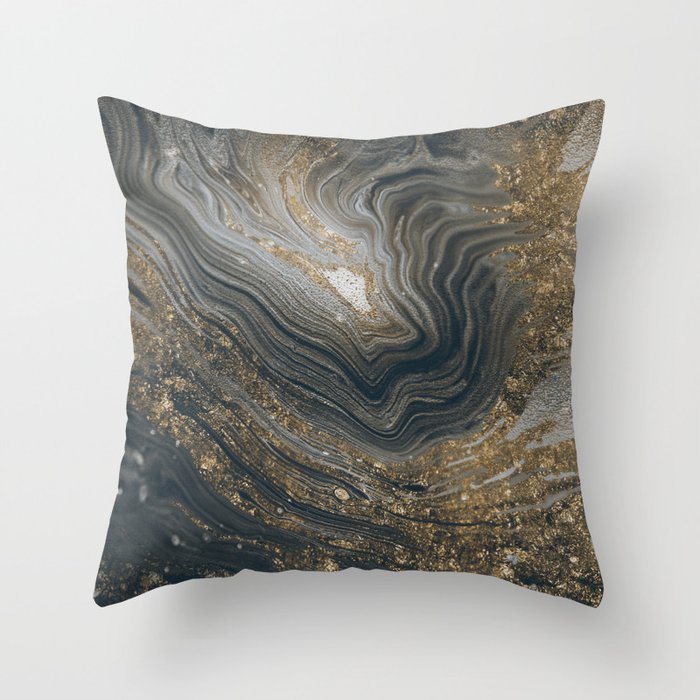 Grey Marble Gemstone With Gold Throw Pillow