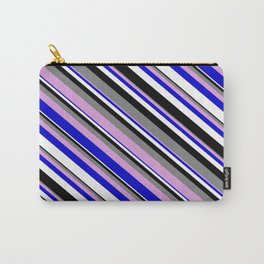 [ Thumbnail: Colorful Grey, Plum, Blue, White, and Black Colored Lined Pattern Carry-All Pouch ]