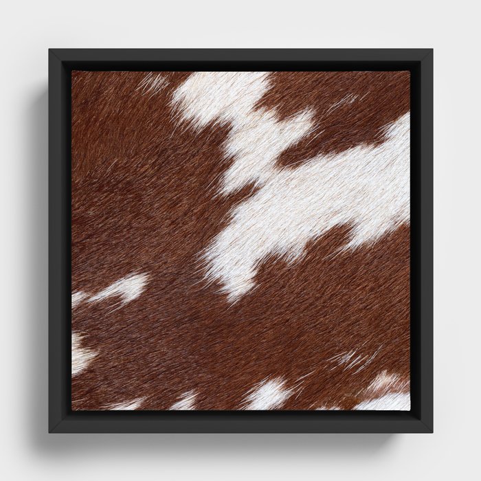 Tan Brown + White Howdy Cowhide  Framed Canvas
