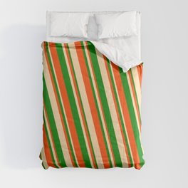 [ Thumbnail: Red, Tan, and Green Colored Striped Pattern Comforter ]