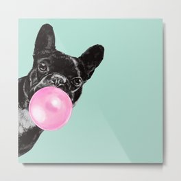 Bubble Gum Sneaky French Bulldog in Green Metal Print | Acrylic, Children, Dog, Cute, Nursery, Illustration, Portrait, Oil, Animal, Design 