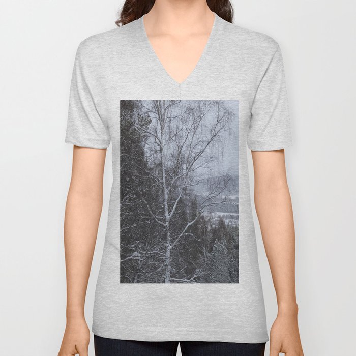 Snow Laden Birch and Pine Trees in a Scottish Highlands Forest   V Neck T Shirt