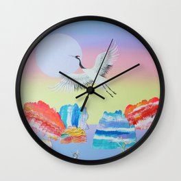 In Flight  - Crane in Sunset Landscape - acrylic on canvas Wall Clock