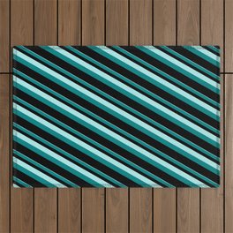 [ Thumbnail: Turquoise, Teal & Black Colored Pattern of Stripes Outdoor Rug ]