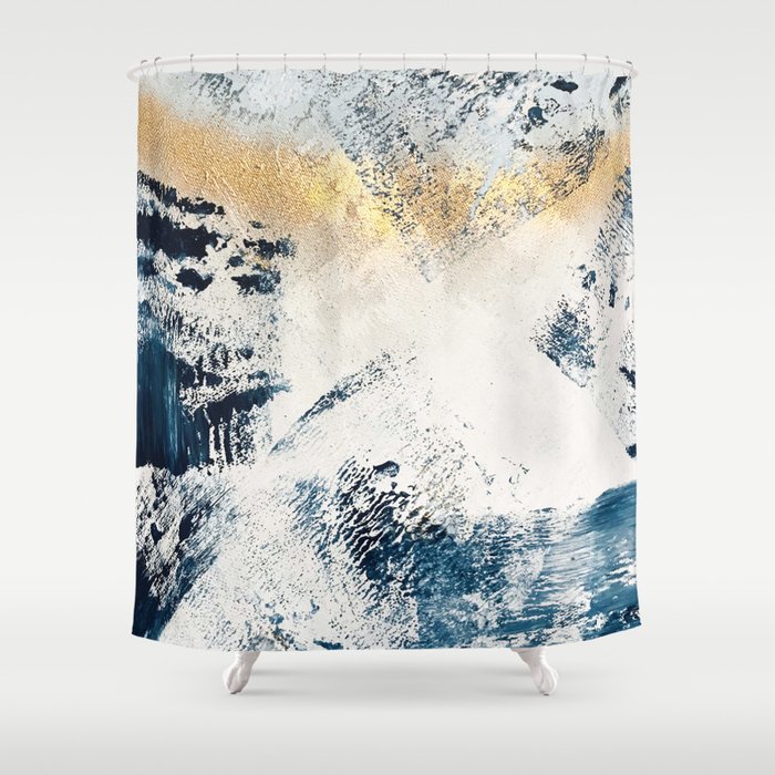 Sunset [1]: a bright, colorful abstract piece in blue, gold, and white by Alyssa Hamilton Art Shower Curtain
