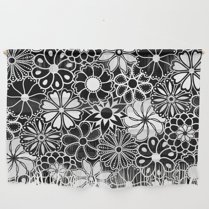 Mid Century Hawaiian Flower Print Black And White Wall Hanging