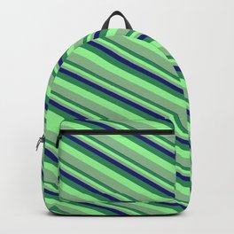 [ Thumbnail: Midnight Blue, Sea Green, Green & Dark Sea Green Colored Stripes Pattern Backpack ]