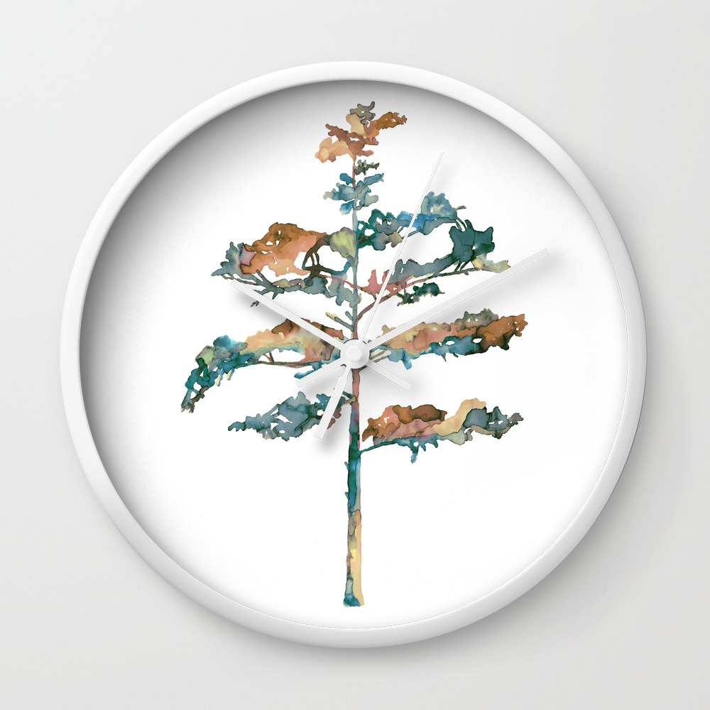 Pine Tree 2 In Pink And Blue Ink Painting Wall Clock By