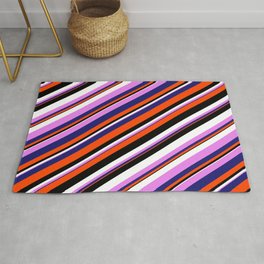 [ Thumbnail: Eyecatching Violet, Midnight Blue, Red, Black & White Colored Lines/Stripes Pattern Rug ]