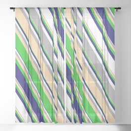 [ Thumbnail: Eyecatching Dark Grey, Tan, Lime Green, Midnight Blue, and White Colored Pattern of Stripes Sheer Curtain ]