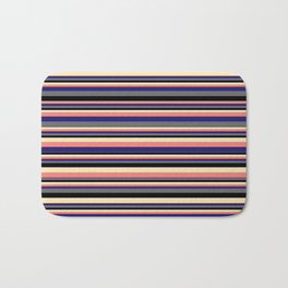 [ Thumbnail: Vibrant Beige, Light Coral, Midnight Blue, Dim Gray, and Black Colored Pattern of Stripes Bath Mat ]