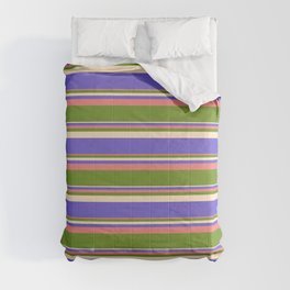 [ Thumbnail: Light Coral, Green, Bisque & Slate Blue Colored Striped/Lined Pattern Comforter ]