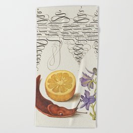 Calligraphic slug and flowers poster Beach Towel