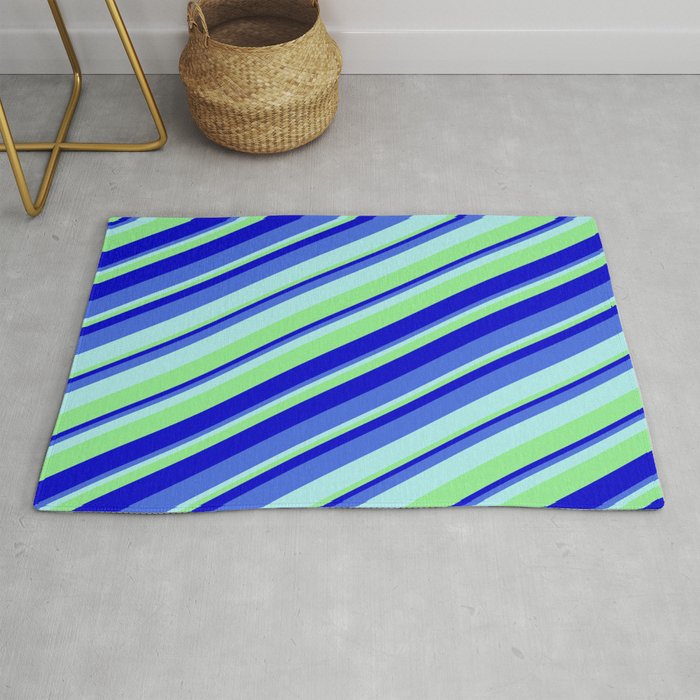 Turquoise, Light Green, Blue, and Royal Blue Colored Stripes/Lines Pattern Rug
