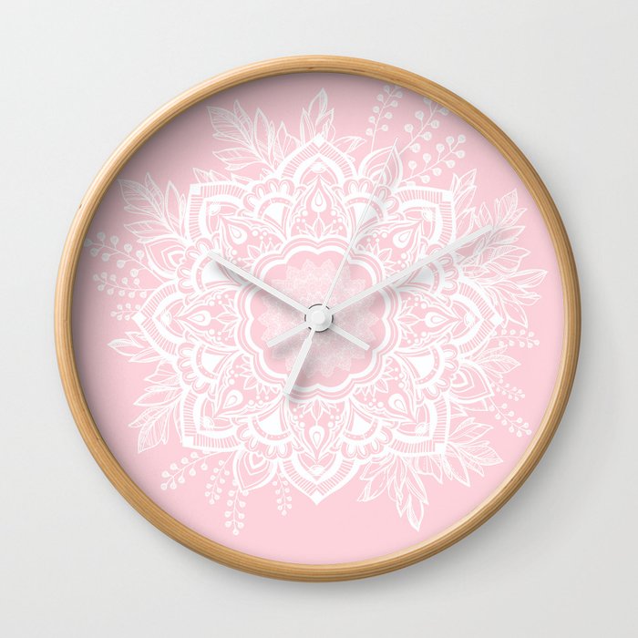 Mandala Bohemian Summer Blush Millennial Pink Floral illustration Wall Clock