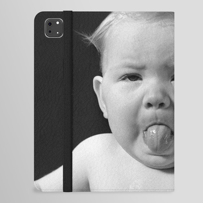 Terrible twos mad baby sticking his tongue out in high chair vintage humorous black and white photograph - photography - photographs iPad Folio Case