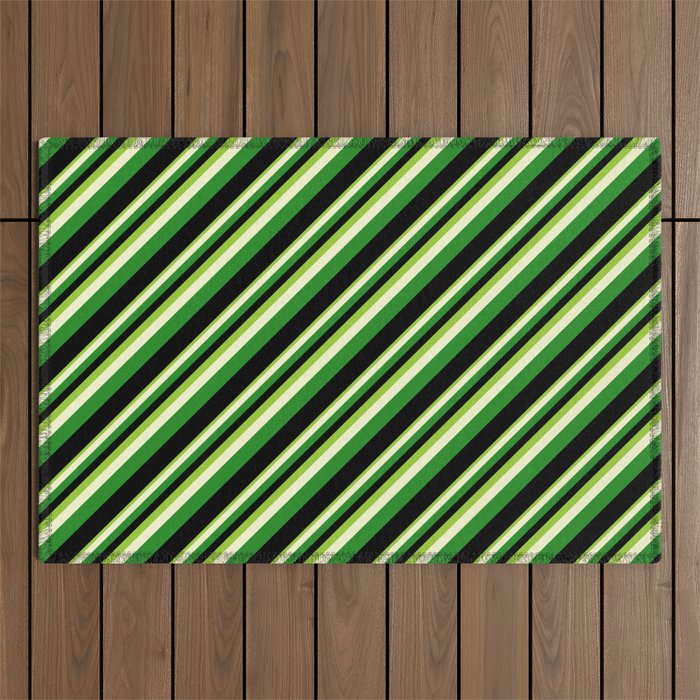 Green, Light Yellow, Forest Green & Black Colored Stripes Pattern Outdoor Rug