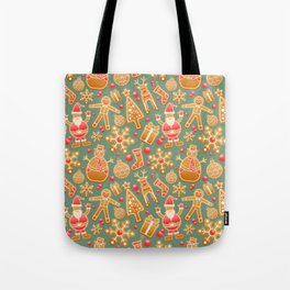 christmasbackground with gingerbread and santa pattern Tote Bag