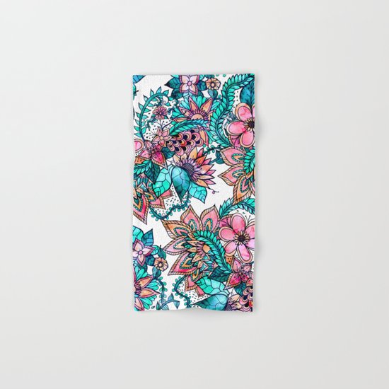 Boho turquoise pink floral watercolor illustration Hand & Bath Towel