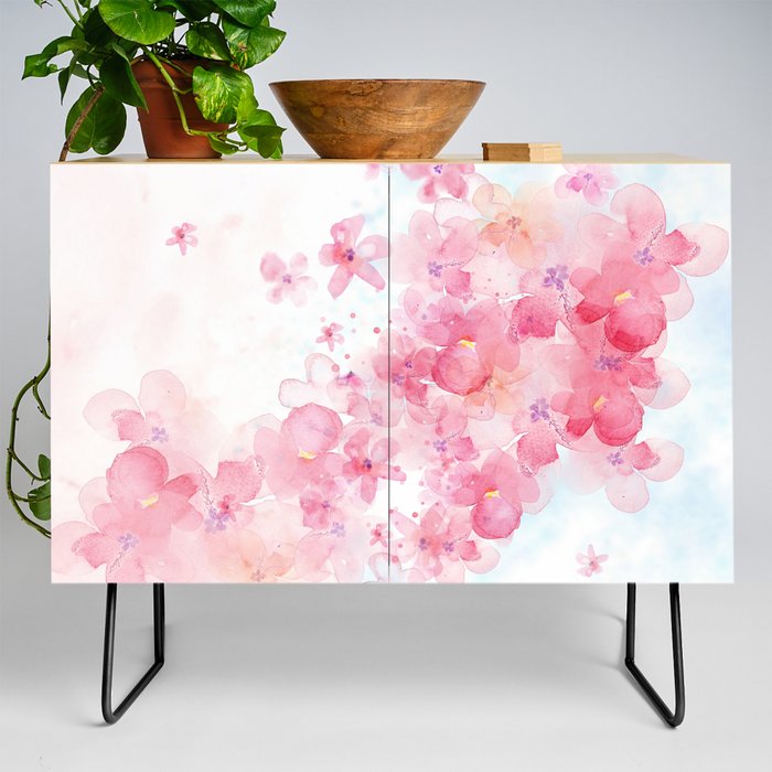 Pink Watercolor Flowers in the Wind Credenza