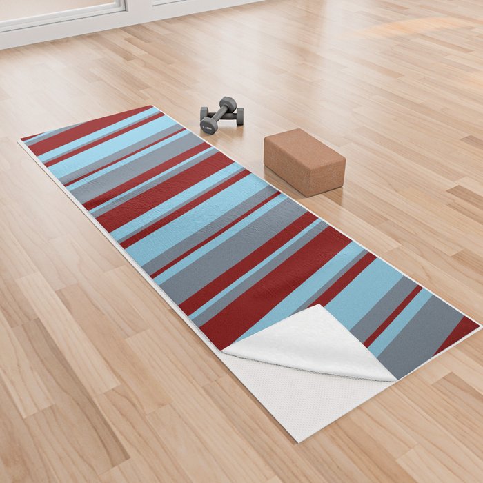 Slate Gray, Sky Blue & Maroon Colored Lined/Striped Pattern Yoga Towel