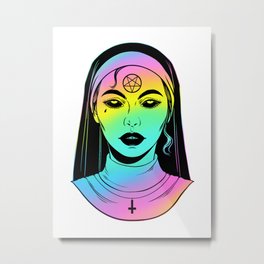 Satanic Nun. Bad Nun. holographic rainbow colors Metal Print | Demonic, Digital, Demon, Gothic, Satanic, Invertedcross, White, Satan, Nun, Pentagram 