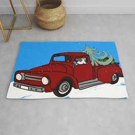 Pit Bull In Old Red Truck With Whimsical Christmas Tree Rug
