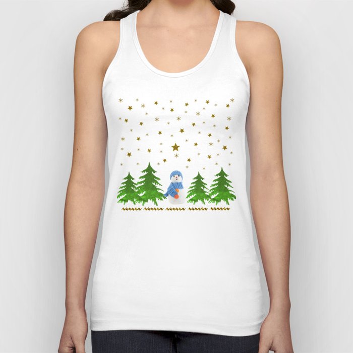 Sparkly gold stars, snowman and green tree Tank Top
