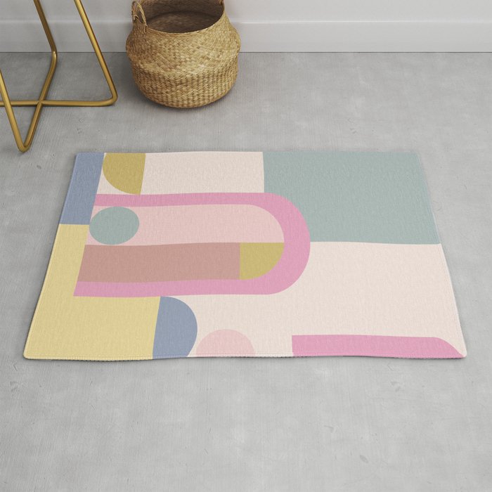 Modern Pastel Architecture Shapes in Pink, Yellow, and Blue Rug