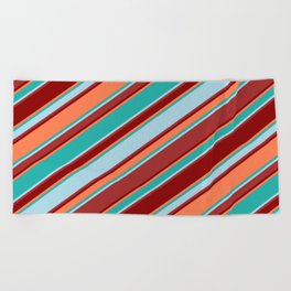 [ Thumbnail: Light Sea Green, Light Blue, Brown, Dark Red & Coral Colored Stripes/Lines Pattern Beach Towel ]