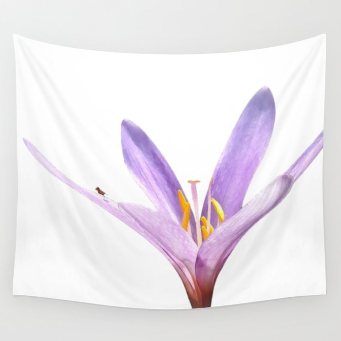 Pastel purple delicate minimalistic field crocus wildflower blossom with tiny cricket Wall Tapestry