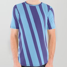 [ Thumbnail: Dark Slate Blue and Light Sky Blue Colored Lines Pattern All Over Graphic Tee ]
