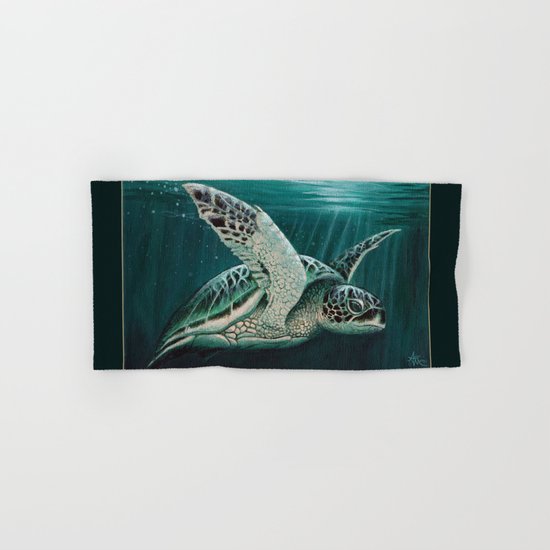 "Moonlit" by Amber Marine - Sea Turtle, Acrylic Painting, (c) 2015 Hand & Bath Towel