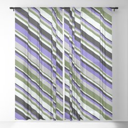 [ Thumbnail: Slate Blue, Grey, Dark Olive Green, Mint Cream, and Black Colored Stripes Pattern Sheer Curtain ]