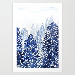 A snowy pine forest watercolor  Art Print | Pinetrees, Watercolorpinetree, Winterarts, Indigopainting, Winterforest, Snowyday, Indigoforest, Naturepainting, Pineforest, Curated 