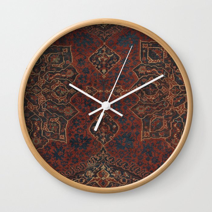 Boho Chic Dark V // 17th Century Colorful Medallion Red Blue Green Brown Ornate Accent Rug Pattern Wall Clock