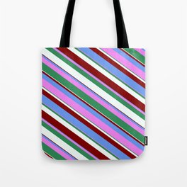[ Thumbnail: Vibrant Cornflower Blue, Violet, Sea Green, Mint Cream & Maroon Colored Lined Pattern Tote Bag ]